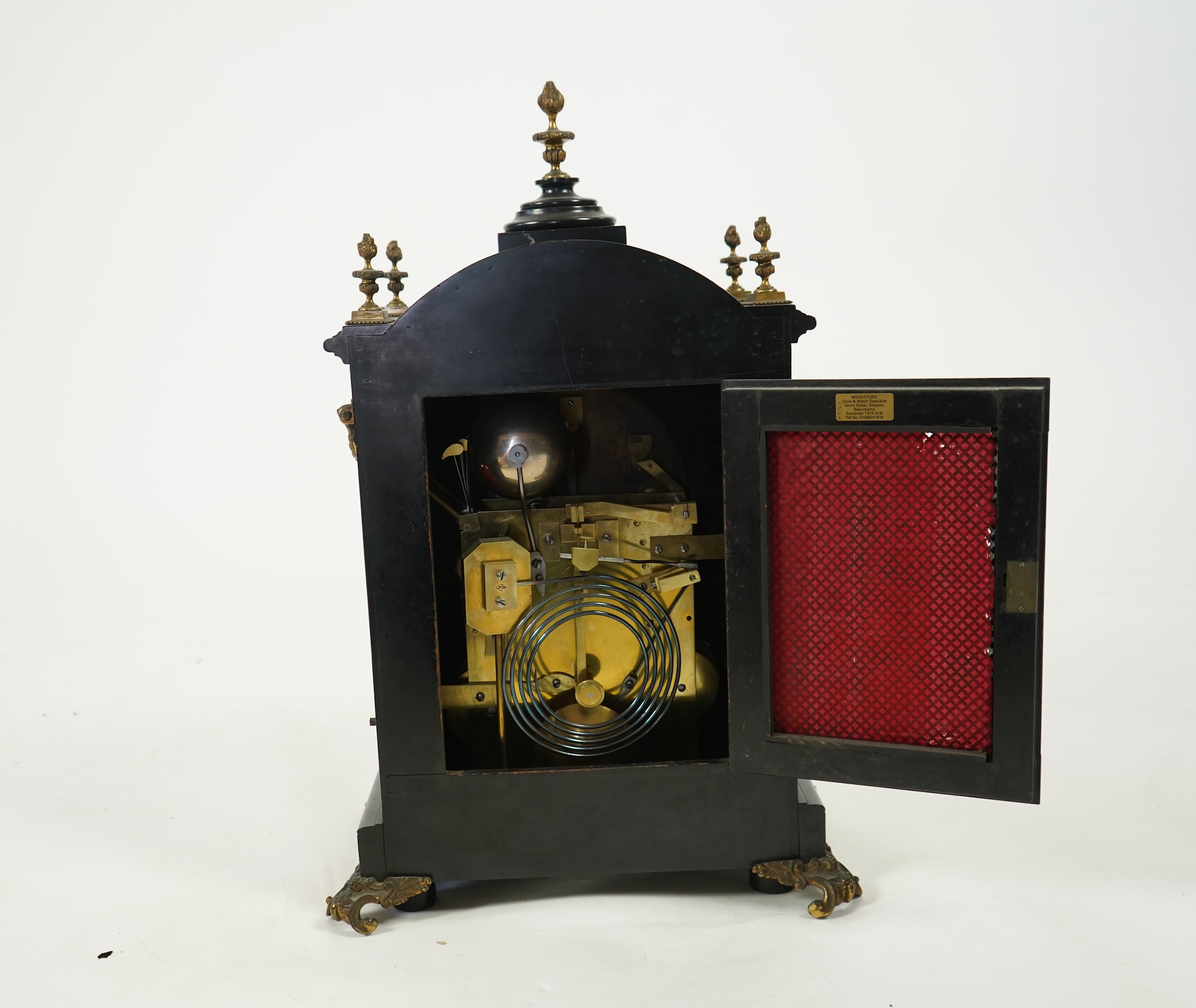 A late 19th century ebonised triple fusee bracket clock